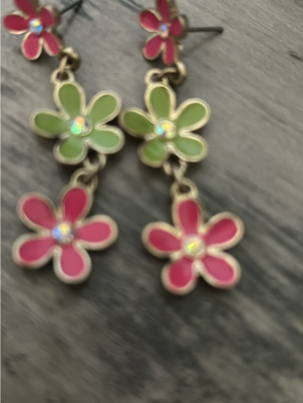 Pink & Green Enamel Flower Drop Earrings